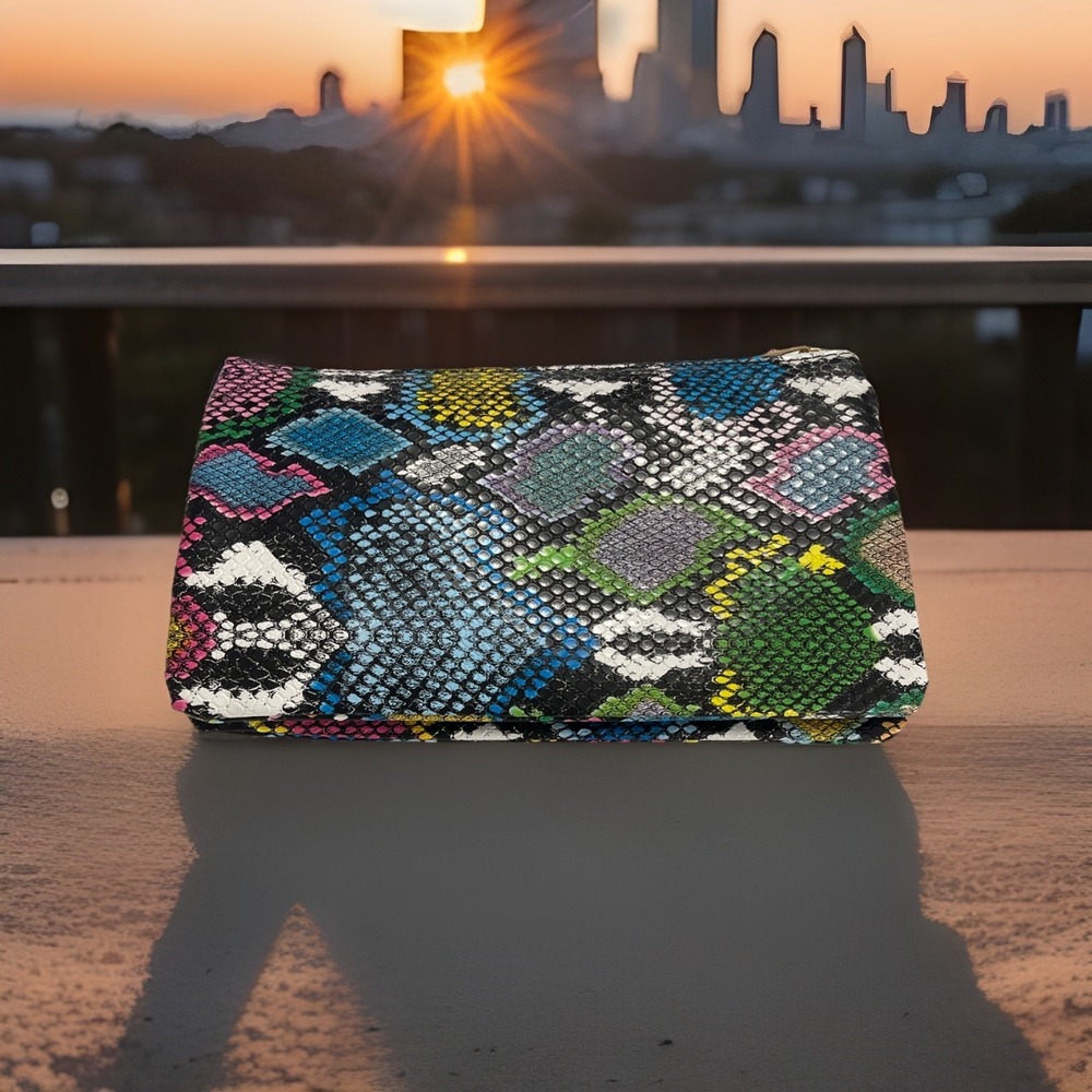 NWT Vegan Crossbody Bag Wallet‎ Triple Slot Zip Multi Color Python Purse Travel
